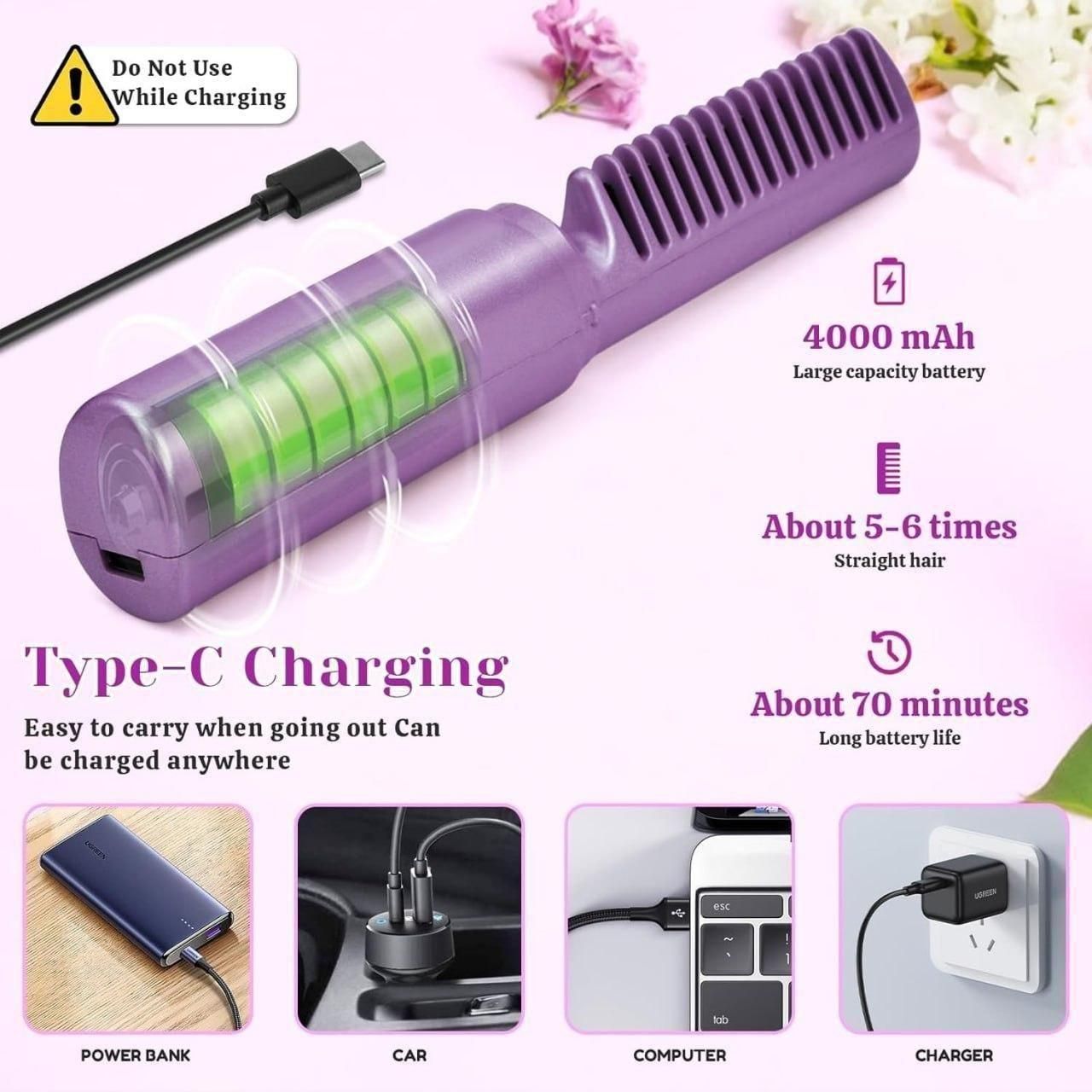 Portable USB-Rechargeable Heated Hair Straightening Comb – Compact & Foldable Styling Tool